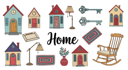 Illustration of cartoon houses, keys, lamps, rugs, rocking chair, and vase with the word home