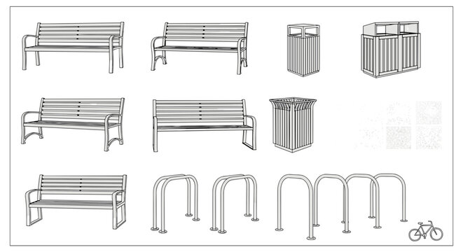 Illustration of outdoor park furniture including benches trash cans and bike racks in black and white line art
