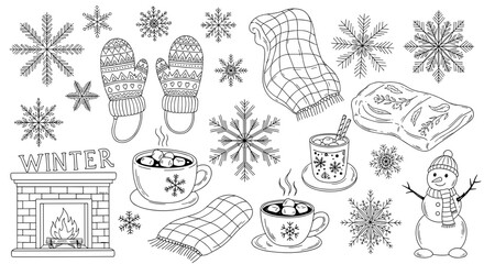 Winter themed illustration with fireplace, mittens, snowflakes, hot chocolate, and snowman design