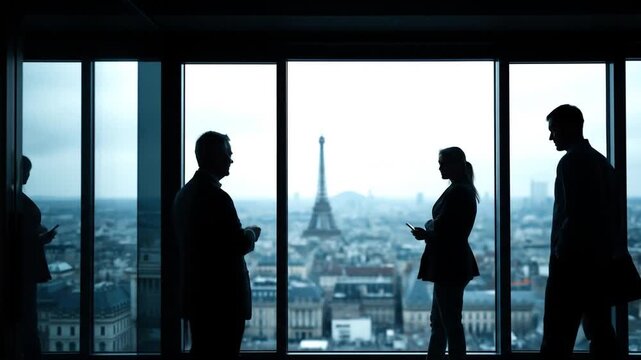 Silhouettes of Business People in Paris Office Overlooking the City Skyline with Eiffel Tower