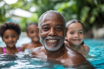 Multi-generational family enjoying swimming in a backyard pool during a summer holiday, celebrating family time and outdoor recreation, Generative AI