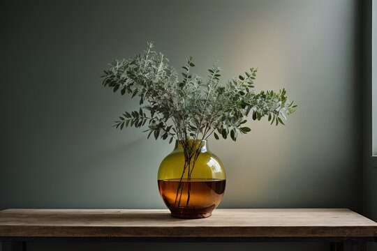 Gorgious A vase of eucalyptus branches on a wooden table