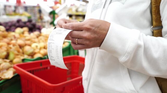 A woman in a supermarket looks at a receipt from purchases