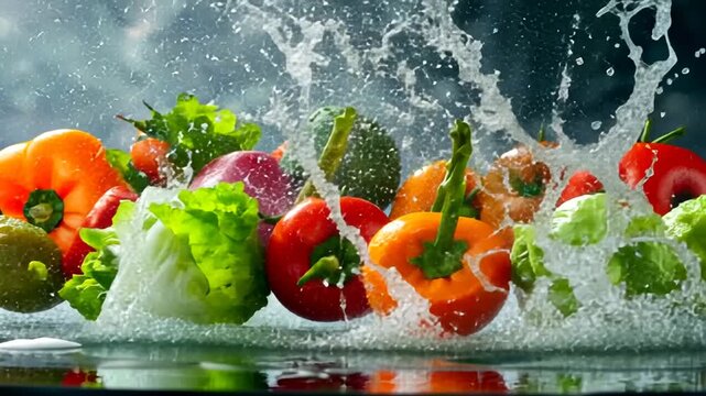 Vibrant Vegetables and Fruits Splashing in Water: A Fresh and Healthy Delight