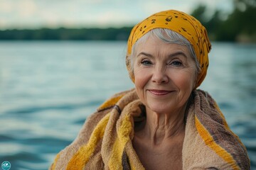 Portrait of an active senior woman swimmer drying herself with a towel outdoors by the lake, showcasing the benefits of swimming for senior health, Generative AI
