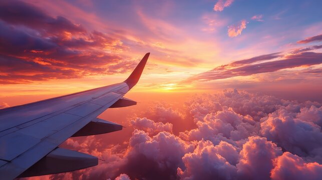 Vibrant sunset view from an airplane window showing wingtip and colorful sky with clouds and dramatic clouds