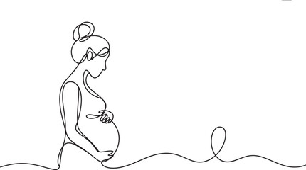 Pregnant woman with hands on belly in continuous line drawing style pregnancy