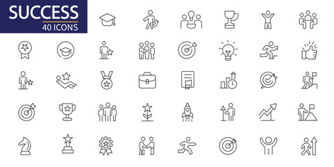 Success icon set. Winning icons collection. It contains symbols to win, business, growth, achievement and more.  Outline symbols collection. Premium vector line icons set .