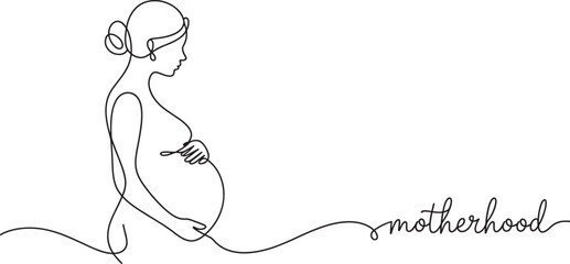 Pregnant woman in profile with hand on belly and motherhood text pregnancy expectant mother