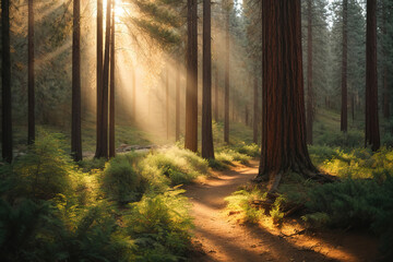 Obraz premium Luxurious Mesmerizing view of the tall trees and the grass in the forest during sunset