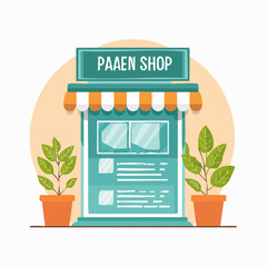 Whimsical Paaen Shop Illustration with Striped Awning and Potted Plants