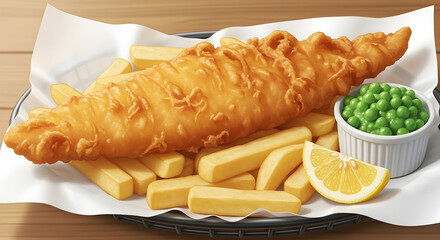 Classic fish and chips with peas and lemon slice