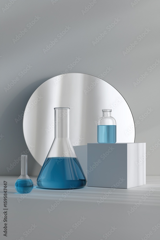 Poster laboratory flasks with blue liquid placed next to mirror and minimalist cube box on white background