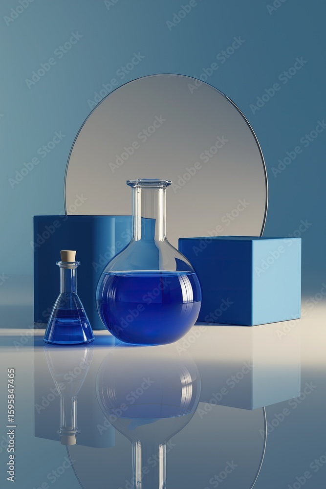 Poster 3d rendering of blue chemical flasks with round mirror on light background for science laboratory co