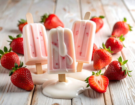 Rustic strawberry cream swirled popsicles light wooden surface fresh strawberries yogurt drips around melting effect for realism soft and natural lighting hyper detailed premium stock photo quality