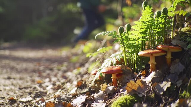 Three orange mushrooms grow on a forest floor with ferns and fallen leaves, a blurred figure walks in the background.