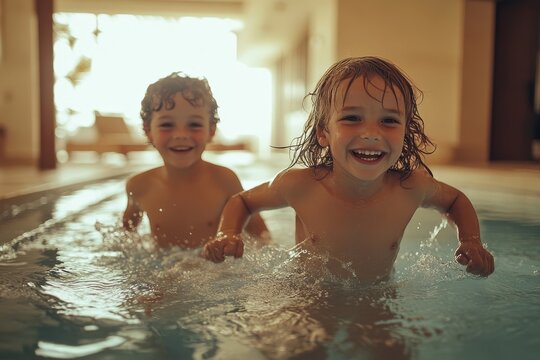 Young siblings running along a swimming pool at home, enjoying playful moments together in a safe and private setting, Generative AI - Powered by Adobe