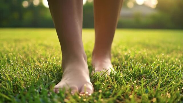 Bare feet walking on a lush green lawn, illuminated by soft sunlight, suggesting freedom and connection with nature.