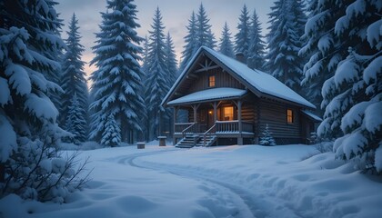 Serene Winter Haven: Log Cabin nestled in a snow-covered pine forest at twilight, warm light glowing from within.