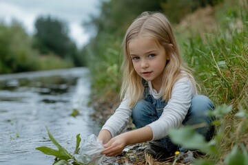 Little girl picking up litter along a riverbank, promoting eco-activism and environmental awareness for future generations, Generative AI