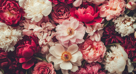 Esta imagem mostra uma variedade de pe&ocirc;nias e rosas vibrantes, com tons de vermelho, rosa e branco se misturando perfeitamente para destacar as p&eacute;talas exuberantes e complexas das flores.