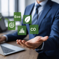 Green energy and sustainability concept, Person engaged with renewable energy icons representing carbon footprint reduction and Eco friendly solutions for environmental conservation. Clean energy.