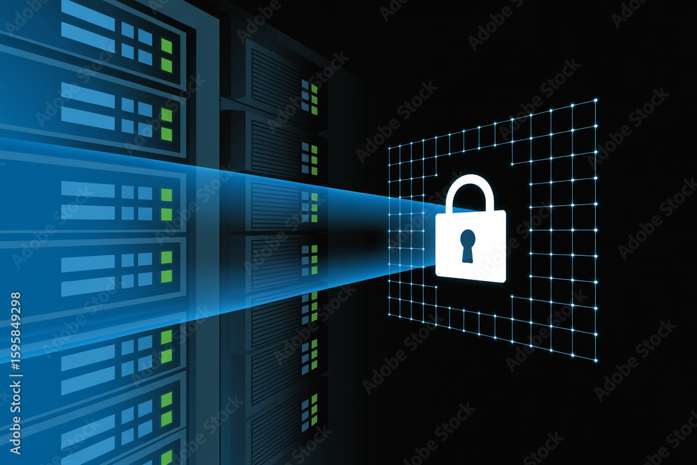 Poster digital security concept with glowing padlock protecting server data