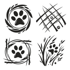 Black animal paw prints with abstract natural elements white nature