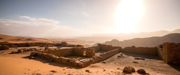 Fototapeta premium Breathtaking Desert Landscape with Ancient Ruins and Sunlight at Dusk