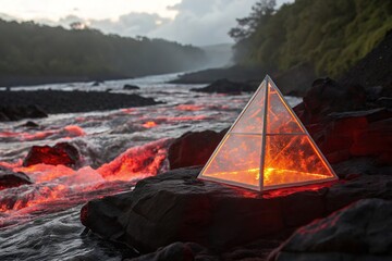 inverted glass pyramid hovering above a glowing lava river