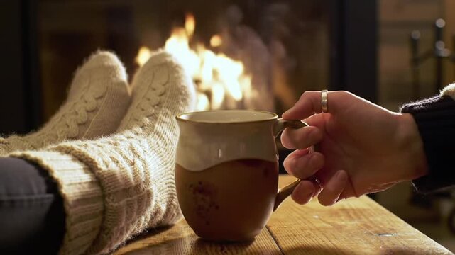 Cozy winter scene: feet in warm socks, a mug of hot drink, and a crackling fireplace.