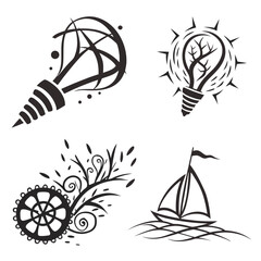 Black icons lightbulb sailboat gear floral abstract