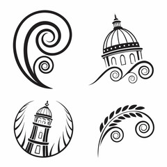 Black ink architectural elements and floral swirls white dome