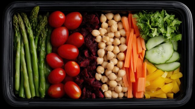Fresh, colorful salad ingredients including asparagus, cherry tomatoes, beets, chickpeas, carrots, cucumber, lettuce, and yellow bell peppers neatly arranged in a container.