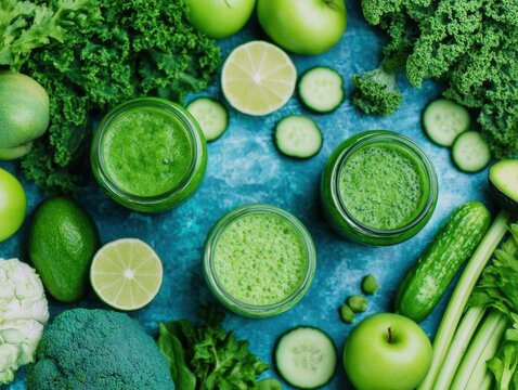 Three jars of green smoothies surrounded by fresh green vegetables and fruits on a blue surface.