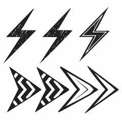 Black lightning bolt and arrow icons with textured effect white