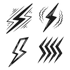 Black lightning bolt icons with rough texture and motion lines white graphic