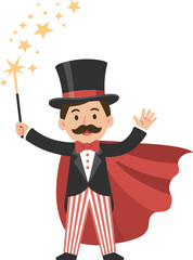 Magician character in top hat, waving magic wand, circus style costume, red cape, performing trick, cartoon illustration, children party, entertainment, fantasy, fun