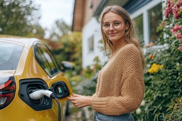 Young woman holding the power supply cable from her electric car, preparing to charge it at home, showcasing sustainable transportation practices and an eco-friendly lifestyle, Generative AI