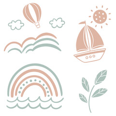 Boho Style Travel Icons With Sun Boat Rainbow and Plant vector