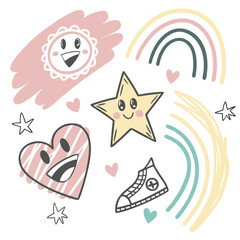 Cheerful sun star heart and sneaker doodles vector