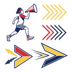Cheerful person with megaphone and directional arrows cheerleading sports
