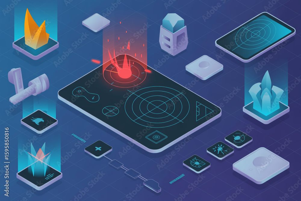 Poster futuristic isometric technology display with holographic elements and data visualization