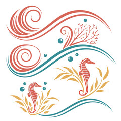 Coral Seahorses Aquatic Plants Swirls Bubbles vector