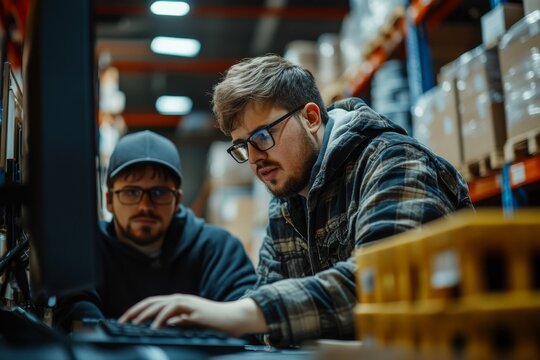 Young man with Down syndrome working in a warehouse, learning to use a computer with the help of a colleague, promoting workplace inclusivity and support for individuals, Generative AI