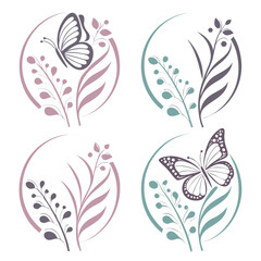Delicate butterfly and floral circular emblems botanical nature
