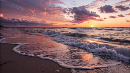 Beautiful beach sunset scenery ocean waves sand clouds sky seascape nature photography wallpaper background