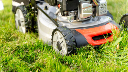 Grass trimmer or lawn mower on the lawn in the garden yard