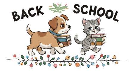 Cute puppy and kitten carrying books with "Back to School" text and floral border