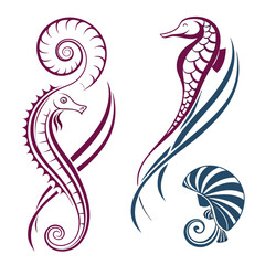 Elegant seahorse and shell designs in purple and blue nautilus marine life